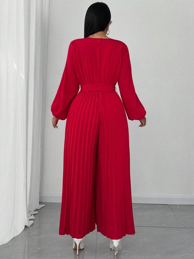 Plus Size Women's Elegant Long-Sleeve Pleated Jumpsuit with Cinched Waist