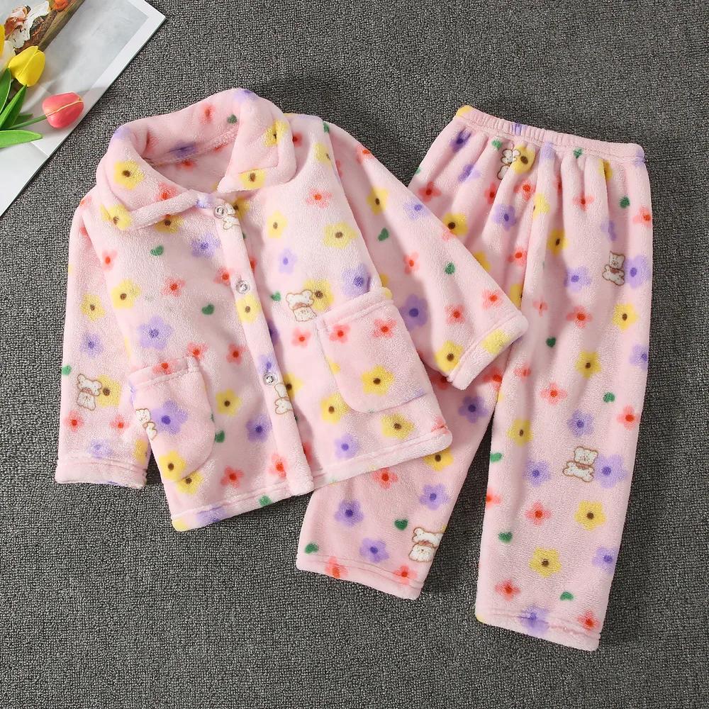 New  Kids Winter Soft Flannel Pajamas Clothing Sets Boys Girls Cartoon Thicken Warm Lapel Tops with Pants Pyjamas Sleepwear Casual Homewears