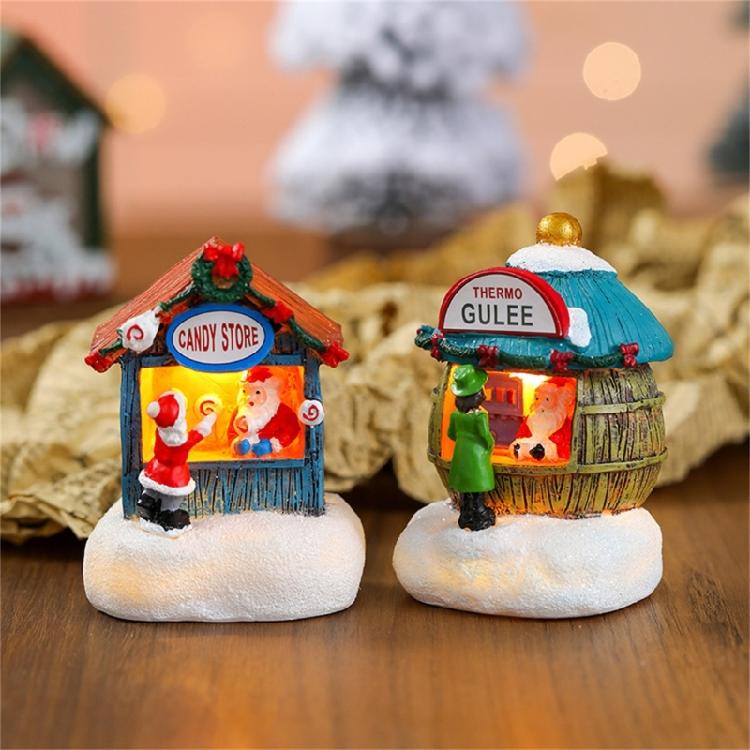 LED Light Up Christmas Ornament Resin House Shape Figurine Desktop Decoration Miniature Cottage Statue for Office