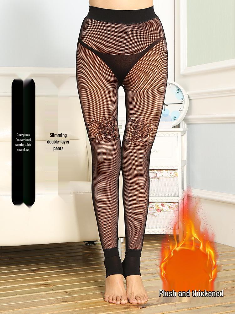 Autumn/Winter Slimming Plus Size Fleece-Lined Mesh Leggings - Vertical Stripe Velvet Pantyhose