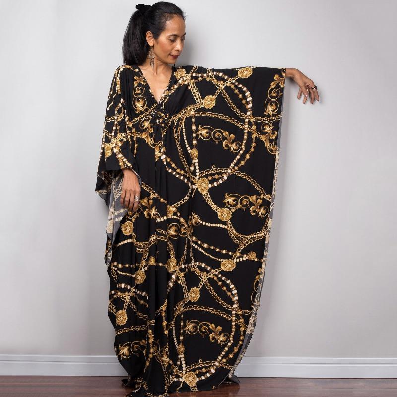 Mote for kvinner Vår Høst Fargeblokkprint Langermet V-hals Løs Midje Hverdagskjoler