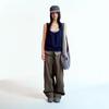 Women's Fold Waist Drawstring Cargo Wide Leg Pants Korean Coyseio Casual Straight Cotton Trousers