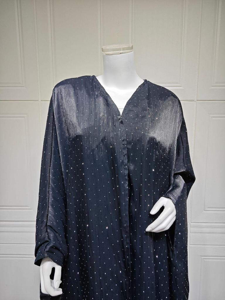 MQ197 Modest Dubai Abaya Set: Long Robe Coat with Hot Drill Details & Headscarf