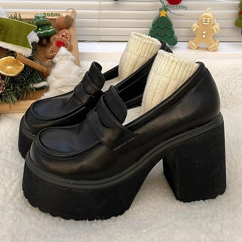 Fashion Gothic Chunky High Heels Pumps for Women 2025 Spring Patent Leather Platform Loafers Woman Black Thick Heeled Jk Lolita Shoes