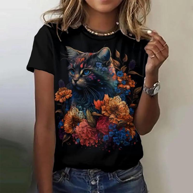 Summer O-Neck Short Sleeve Women's T-Shirt 3d Printed Black Cat Pattern T-Shirt Pullover Top Fashion Street Female Clothing 2024