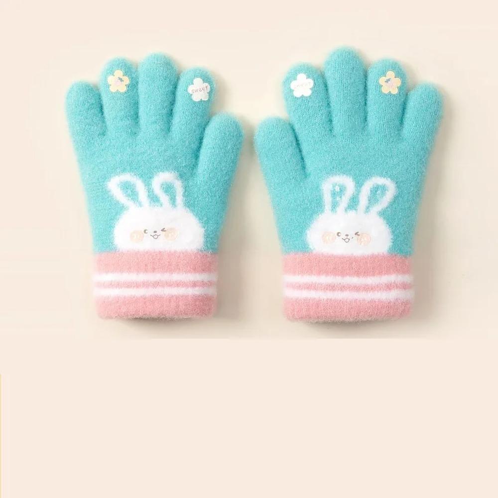 5 Colors Winter Kindergarden Kids Five-Finger Cartoon Knitted Gloves Girls Warm Thickened Plush Gloves Cute Bunny Gloves 3-5Y