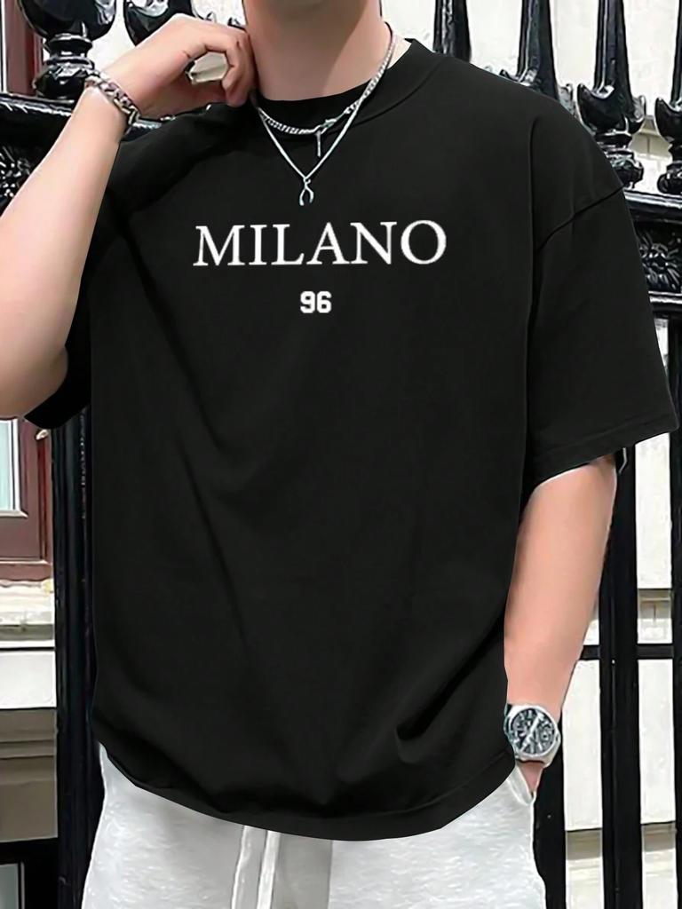 Herren 100% Baumwolle Sommer Loose Size MILANO 96 Buchstabenaufdruck Slim Fit Casual Sport Rundhals Kurzarm T-Shirt Top