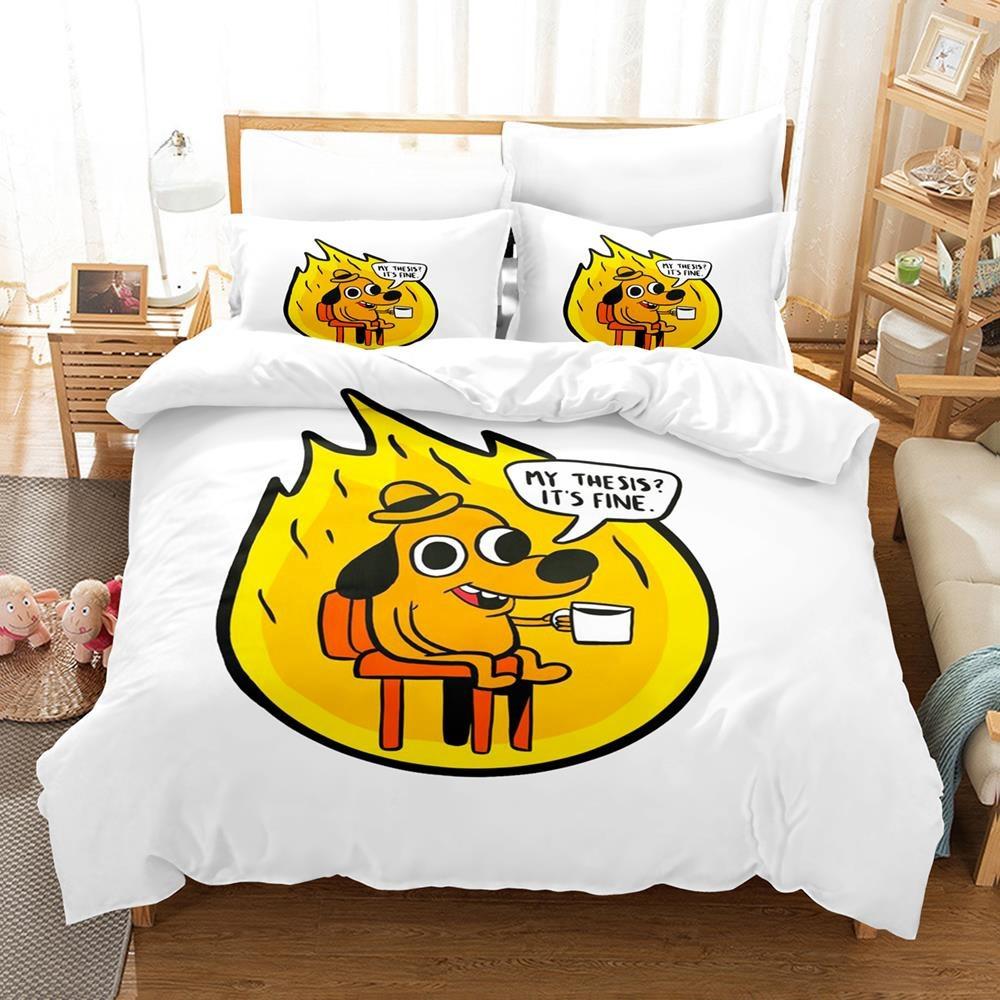 3D Anime Bed Sheet Sets This Is Fine Dog Bedding Set Single Twin Full Queen King Size Bed Set Adult Kid Bedroom Duvet Cover Sets