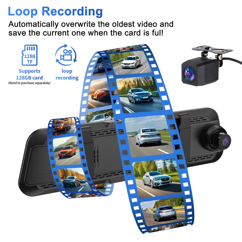 4K 10-Inch Streaming Media Dash Cam, 3 Lenses, WiFi, Night Vision, 170° Fisheye, Rearview Mirror