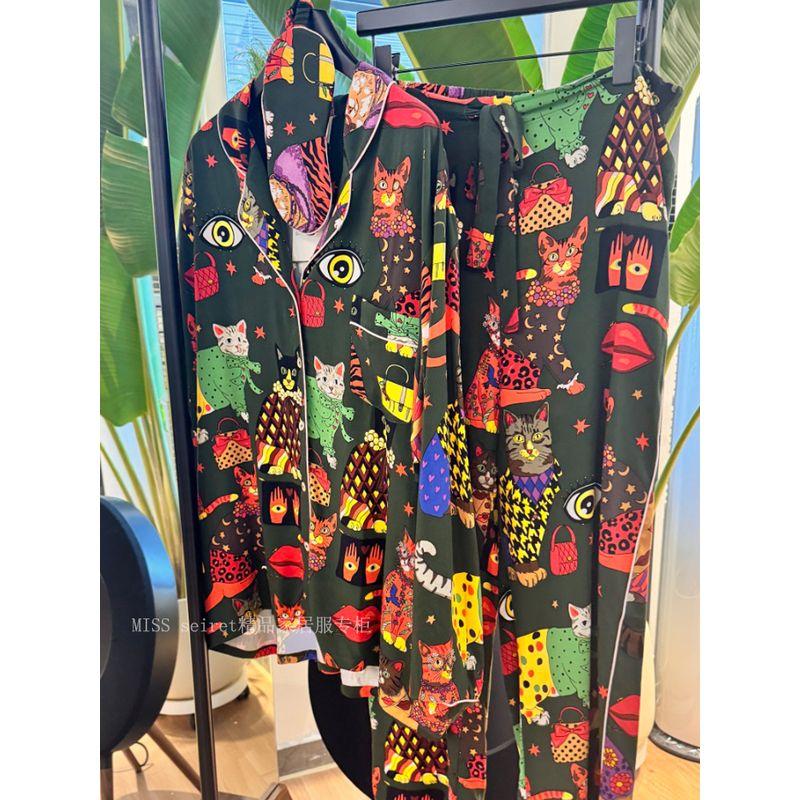 

Italian Light Luxury ~ Km Pink Cat Pajamas Women s Suit Autumn and Winter Lapel Casual Rayon Long sleeve Trousers Homewear Upgraded Green Cat Suit L