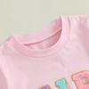 Kleinkind Mädchen Sommer Outfit Buchstabenstickerei Kurzarm T-Shirt mit buntem gestuftem Tüllrock 2-teiliges Set