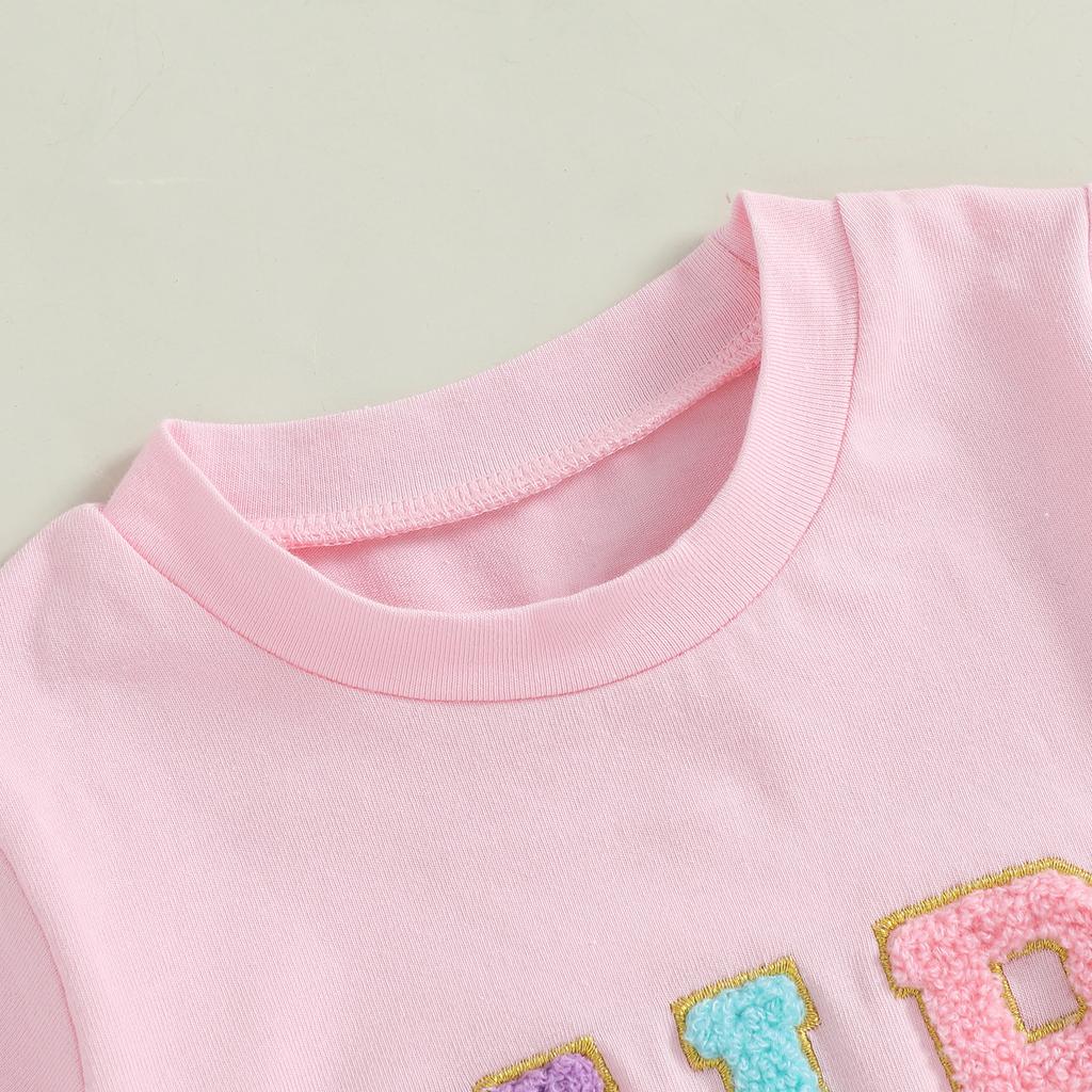 Kleinkind Mädchen Sommer Outfit Buchstabenstickerei Kurzarm T-Shirt mit buntem gestuftem Tüllrock 2-teiliges Set