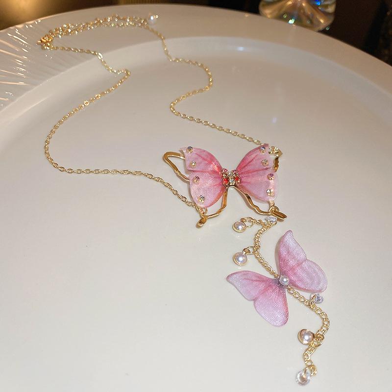 Tulle Butterfly Necklace Pearl Charm Tassel Chain Necklace Vintage Party Jewelry Women Girl Gift