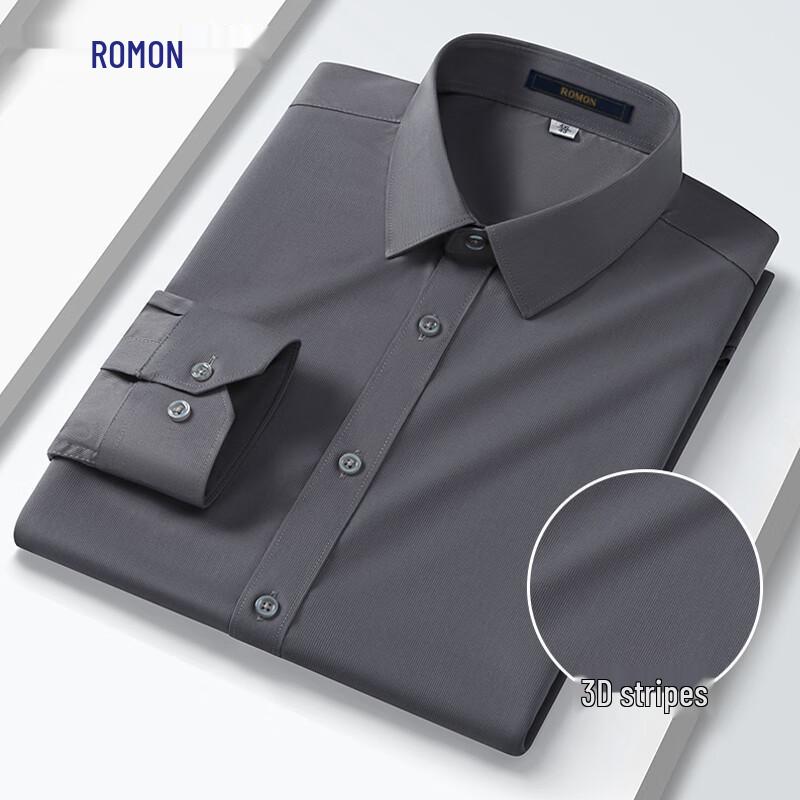 Romons Men s 3D Stripe Wrinkle-Resistant Bamboo Fiber Long Sleeve Shirt 40