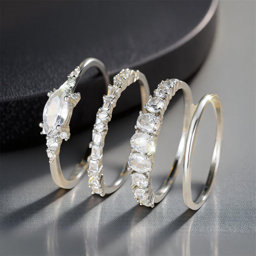 4pcs/set Luxury Crystal White Zircon Ring Sets For Women Vintage Fashion Silver Color Bridal Wedding Bands Engagement