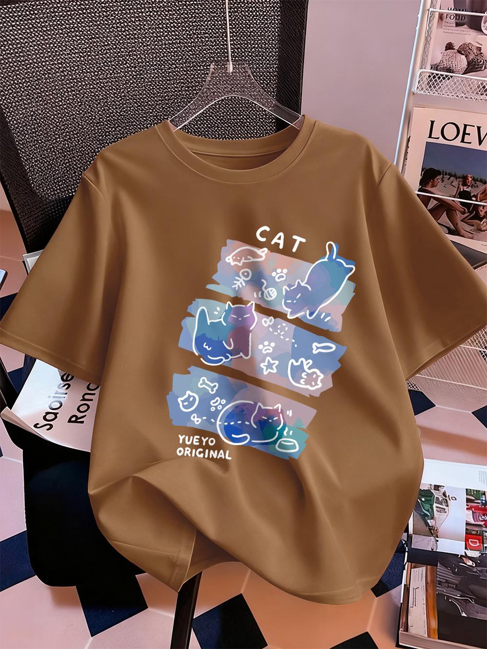

Colorful Three Cats Trendy Prints TShirt Women Cotton Summer Short Sleeve T Shirt Comfortable Loose ONeck Tops Casual Clothes S