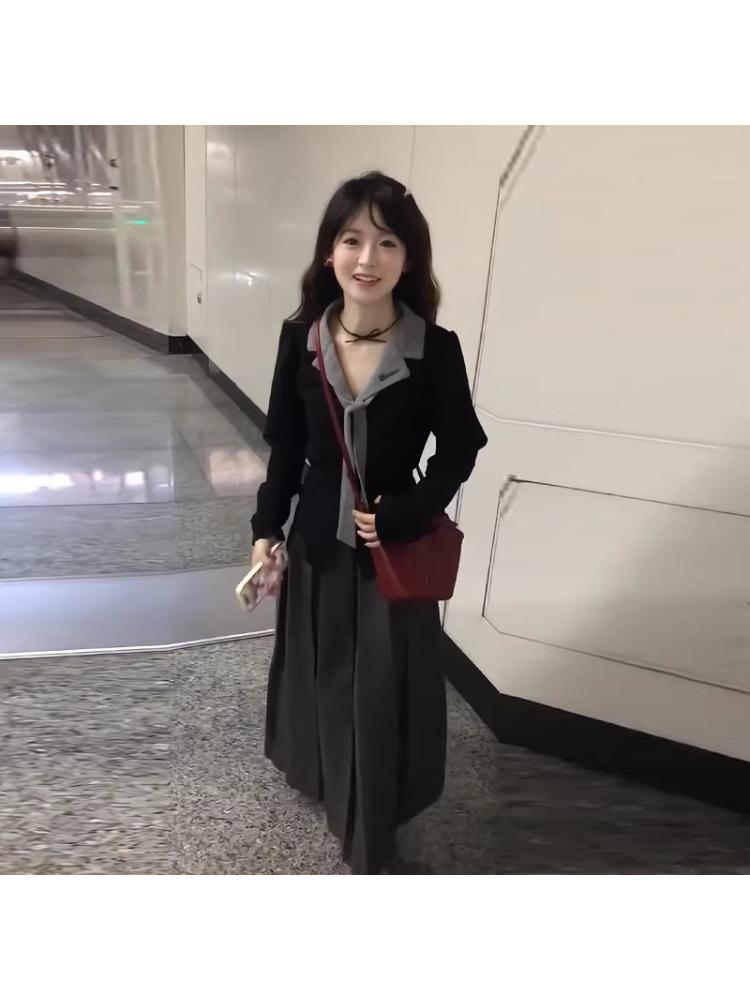 Gray Korean-Style High-Waisted Pleated Midi Skirt for Petite Women: Spring/Autumn A-Line Umbrella Design
