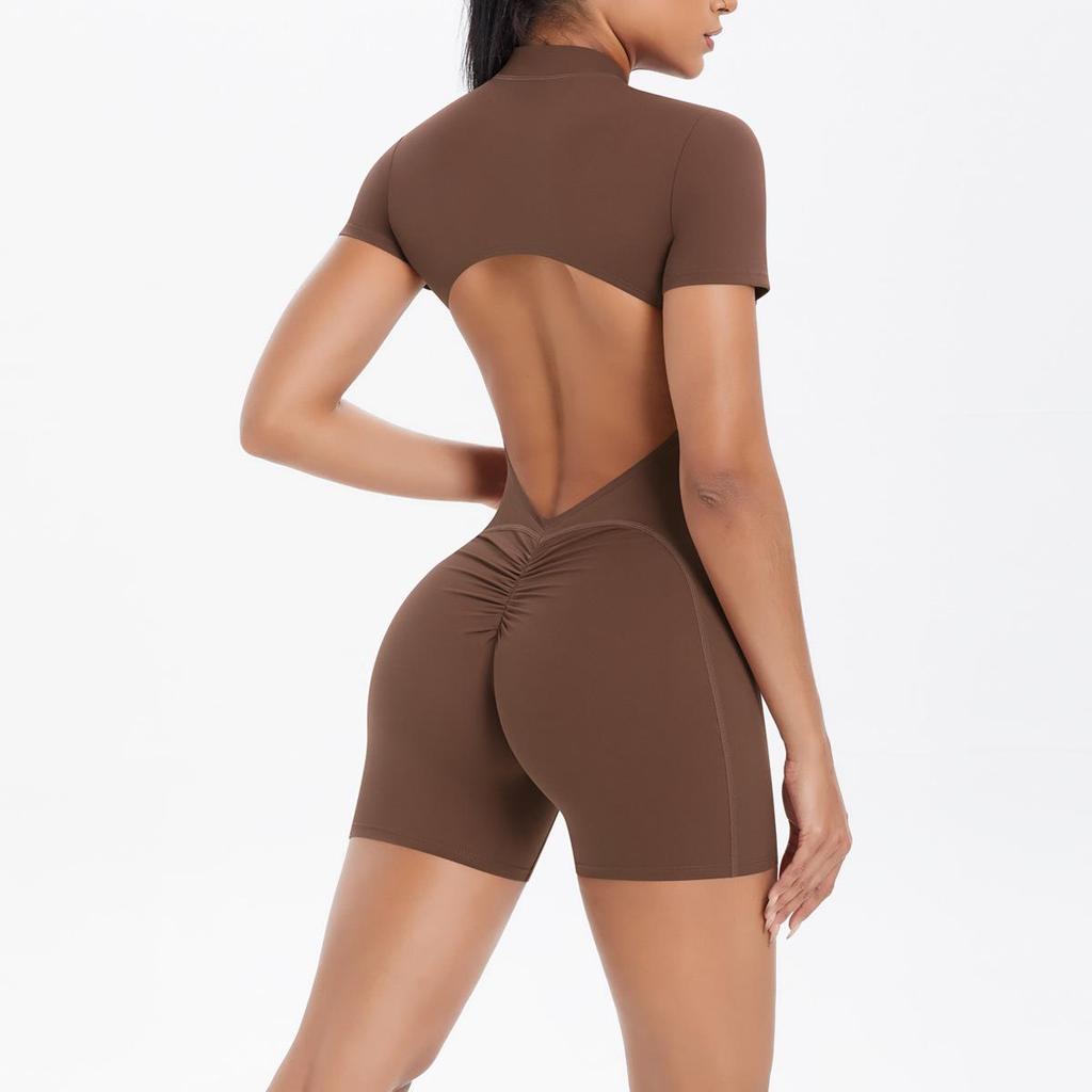 European-American Solid Color Zipper Back Yoga Jumpsuit - Breathable and Tight-Fitting