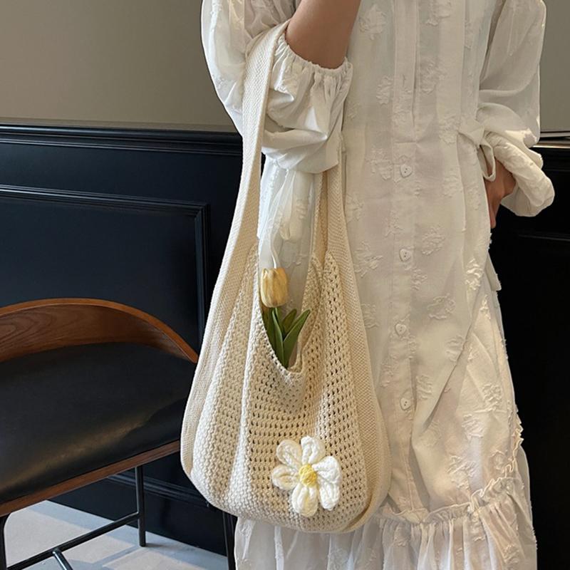 Floral Crochet Shoulder Bag Bohemian Knitted Hollow Out Tote Crochet Underarm Bag for Women Summer Beach CLE