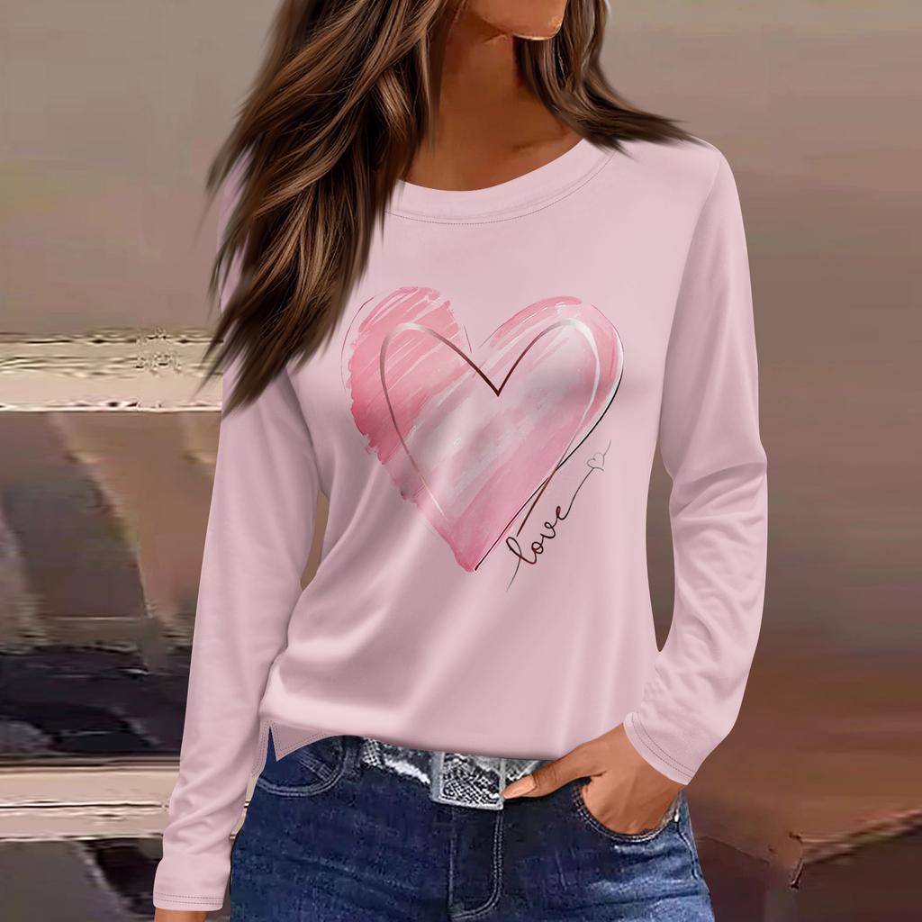 Women's Fashion Casual Slit Hem Round Neck Long Sleeve Loose  Printed T-Shirt Ladies Top