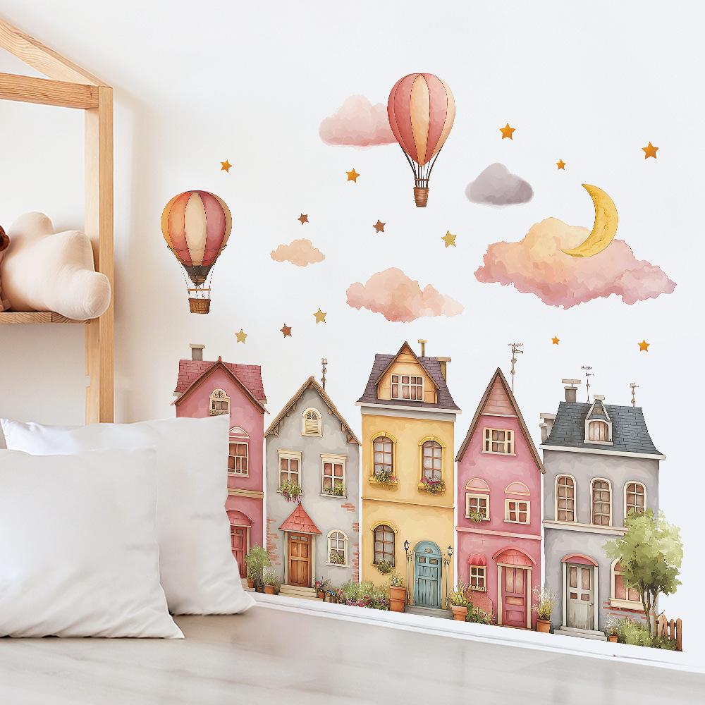 Malowane Miasto Bajkowe Balon na Gorące Powietrze Gwieździste Niebo Dekoracyjne Naklejki Ścienne do Sypialni