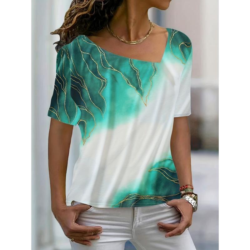 

Асимметричная футболка с 3D-принтом и мраморным принтом, повседневная летняя футболка с коротким рукавом и V-образным вырезом, женская одежда, футболки 5XL