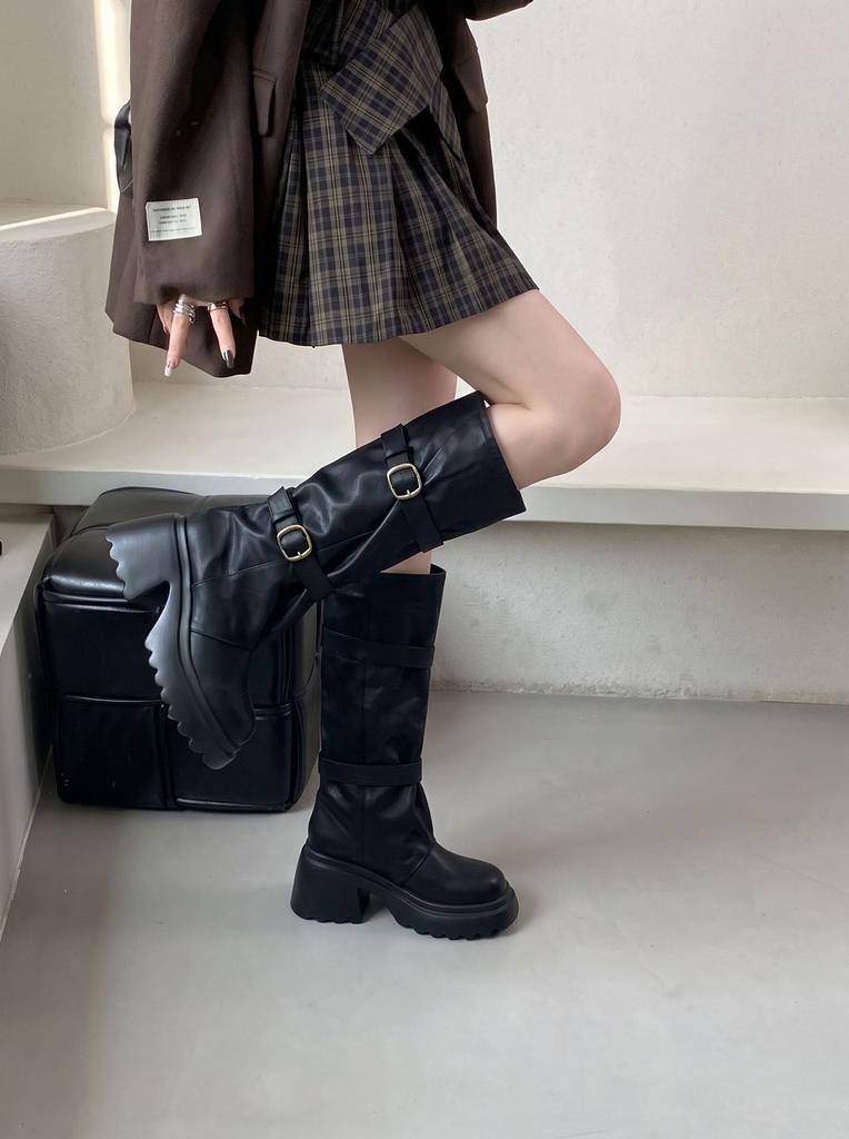 Autumn and winter new retro western cowboy boots women's thick-soled thick heel belt buckle high knight boots slim long boots