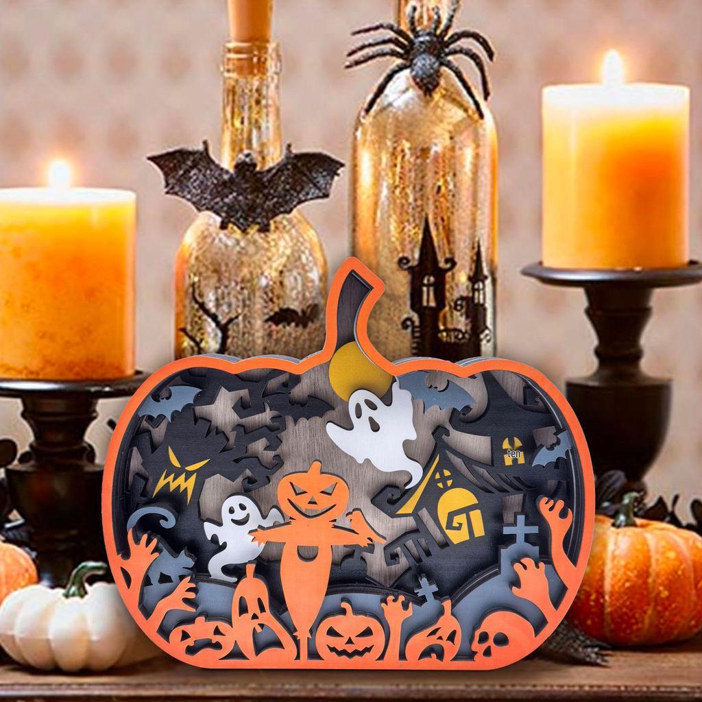 Wooden Multi-Layer Halloween Pumpkin with Haunted House, Ghosts, and Scarecrow Ornaments for Desktop Display