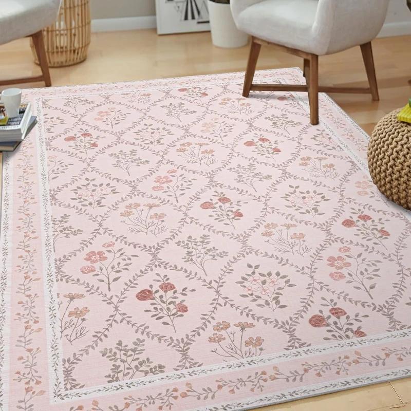 Floral Living Room Carpet Large Area Pastoral Style Print Bedroom Plush Rug Home Decoration Machine Washable Non-slip Floor Mats