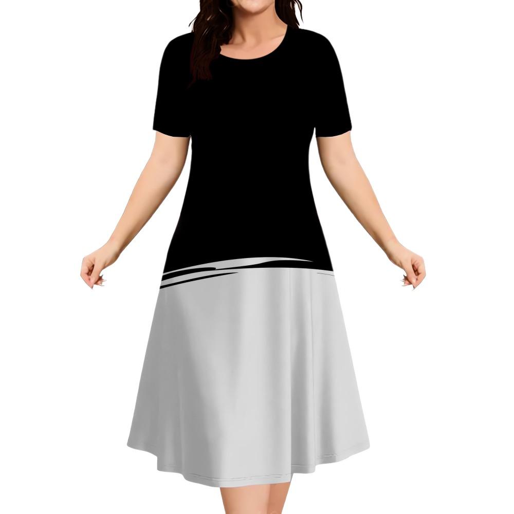 Summer Women Dress Fashion Plus Size Short Sleeve Dress Black White Contrast Color Loose A-Line DressClothing
