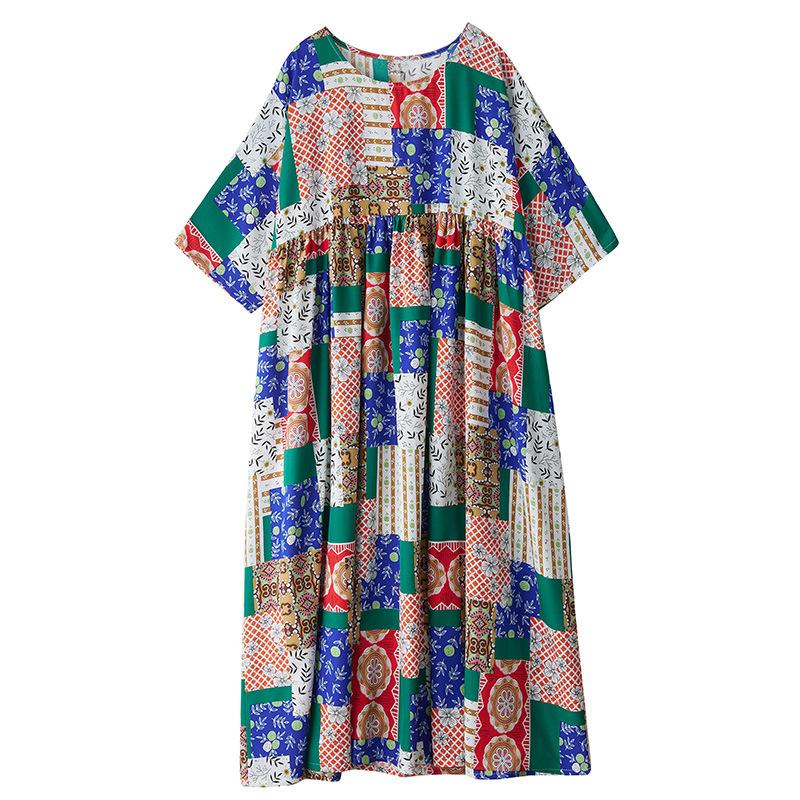 Plus Size Summer Bohemian Holiday Dress for Women Casual Print Loose Vintage Short Sleeve O Neck A-line Dresses Women's Clothes