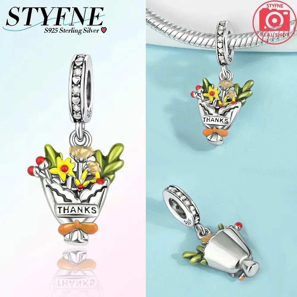 Authentic copper Colored Flower Pendant Pink Plants Lucky Charm Bead Charms Bead Charms Compatible With Bracelets Women Accessory Fine Gift Diy Jewell
