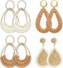 1 or 4 Pairs Handmade Raffia Rattan Bohemian Round Drop Dangle Earrings for Women, Boho Statement Cute Fun Hoop Earrings Set