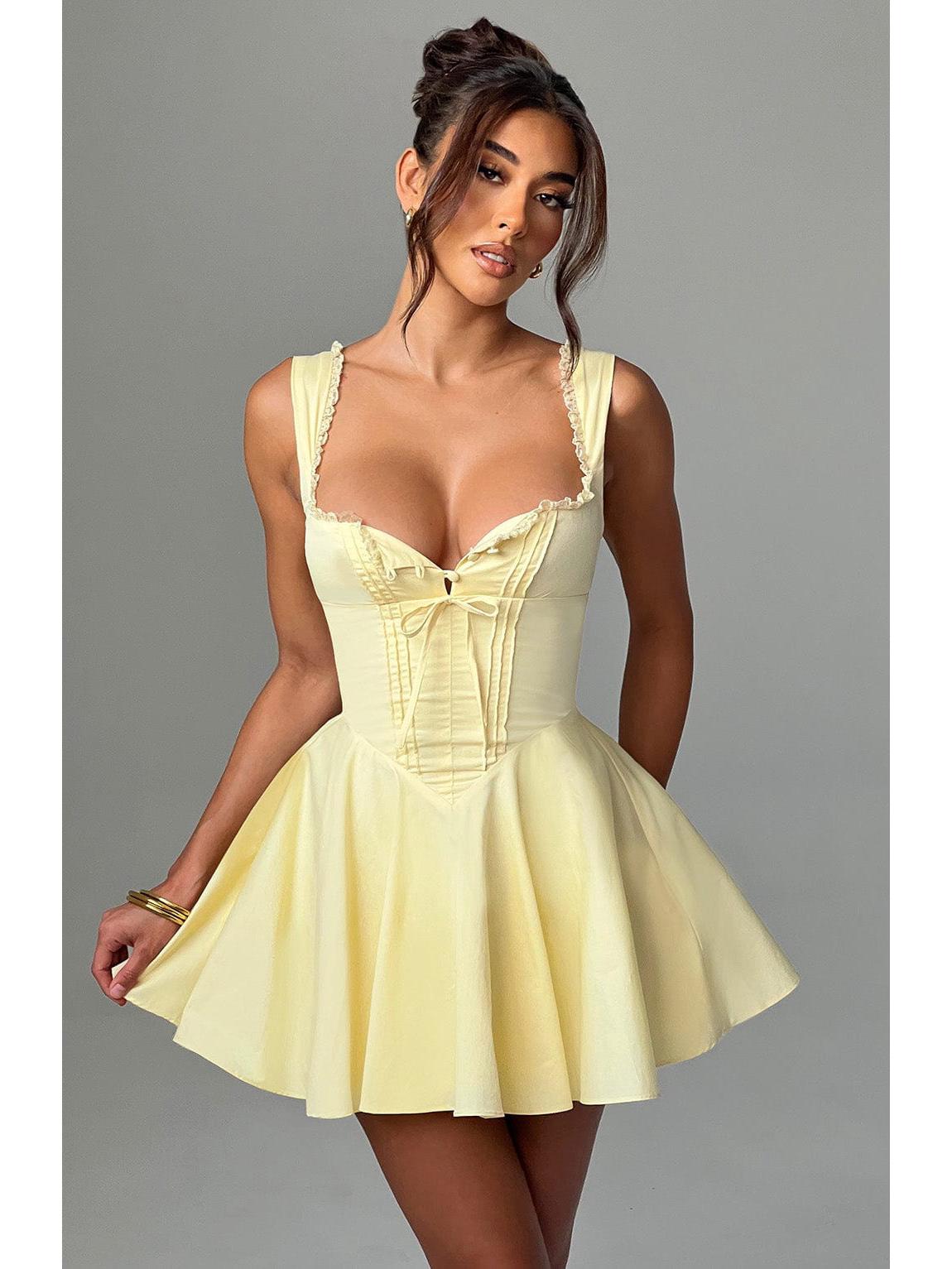 

Европейское и американское женское сексуальное платье с кружевной вставкой, облегающего кроя, с открытой спиной и рукавами-буфами Large жёлтый