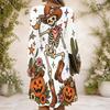 Women Criss Cross V Neck Long Sleeve Halloween Raccoon Witch Pumpkin Print Curved Hem Dress