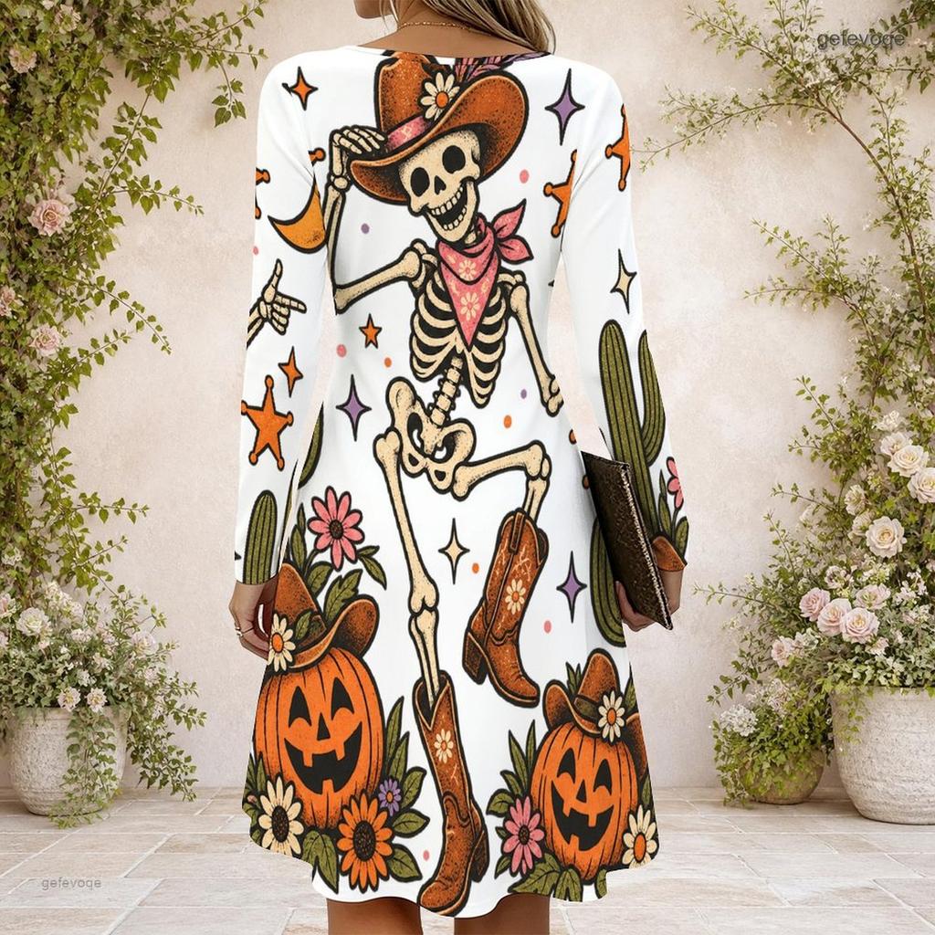 Women Criss Cross V Neck Long Sleeve Halloween Raccoon Witch Pumpkin Print Curved Hem Dress