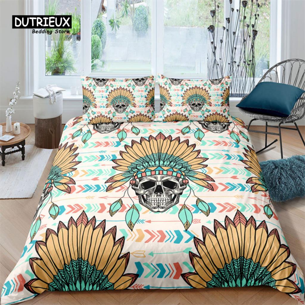 Colorful Sugar Skull Skeleton Quilt Cover Gothic Skull Bedding Set Queen Size Microfiber Horror Theme Feather Black Duvet Cover