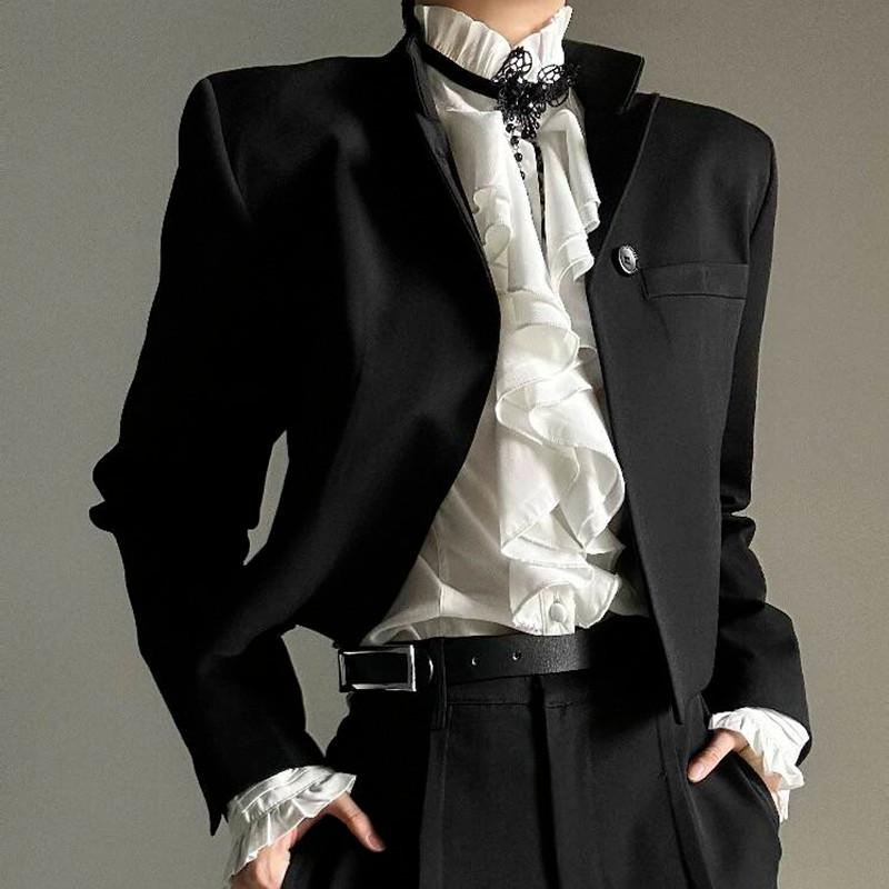 Damen Harajuku Vintage Stehkragen Unterhemd Rüschen Langarm Schlanke Blusen