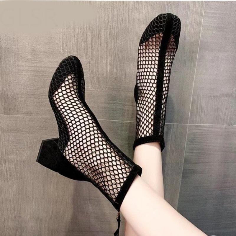 fashion 2024 New Mesh Women Boots Sandals Shoes Summer Ankle Boots Chunky Middle Heels Sexy Sandal Chelsea Boots Female Black Sandales