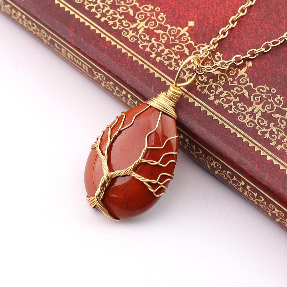 Natural Stone Crystal Agate Water Drop Winding Silk Tree Of Life Pendant Necklace Sweater Chain Water Drop Rough Stone N781