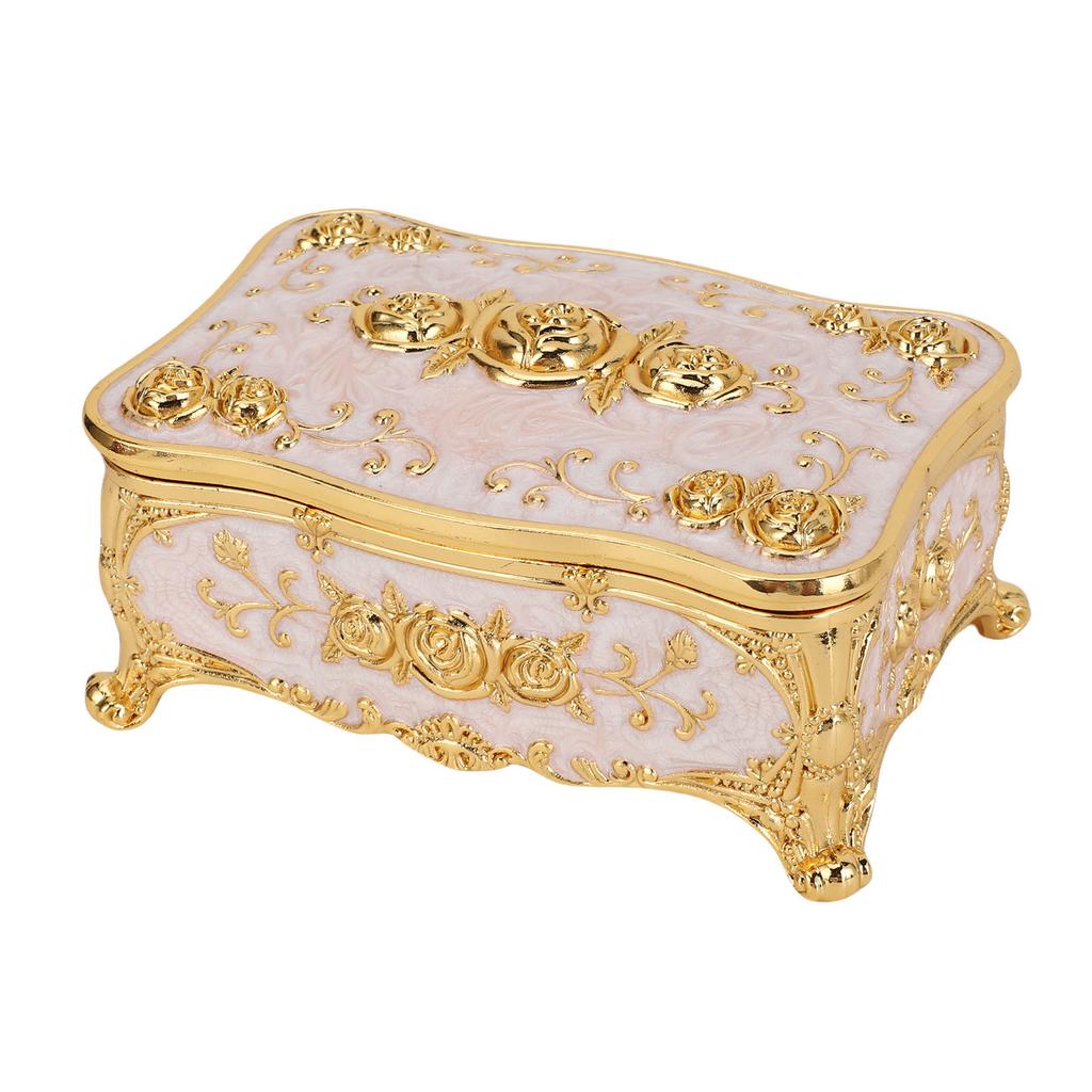 Vintage Jewelry Box Rectangular Exquisite Rose Pattern Zinc Alloy Soft Velvet Lining Trinket Organizer