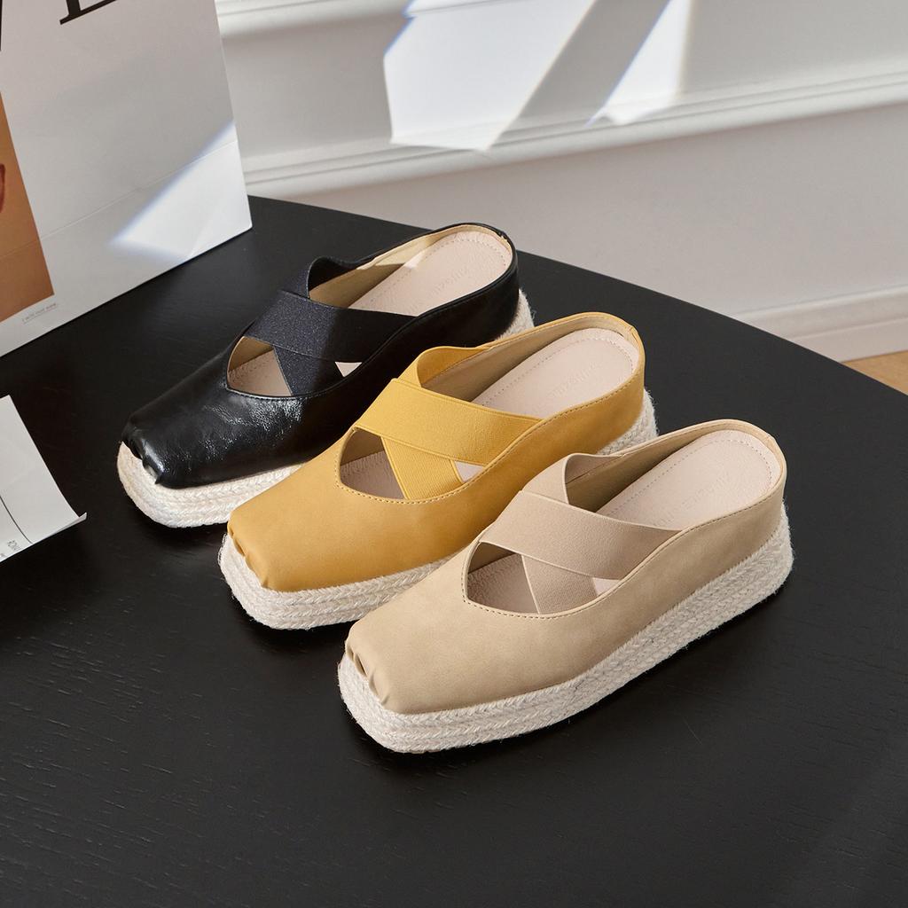 Leather ballet high-end niche thick-soled Mary Jane shoes inner height-increasing bag head slippers women's summer wear high heels