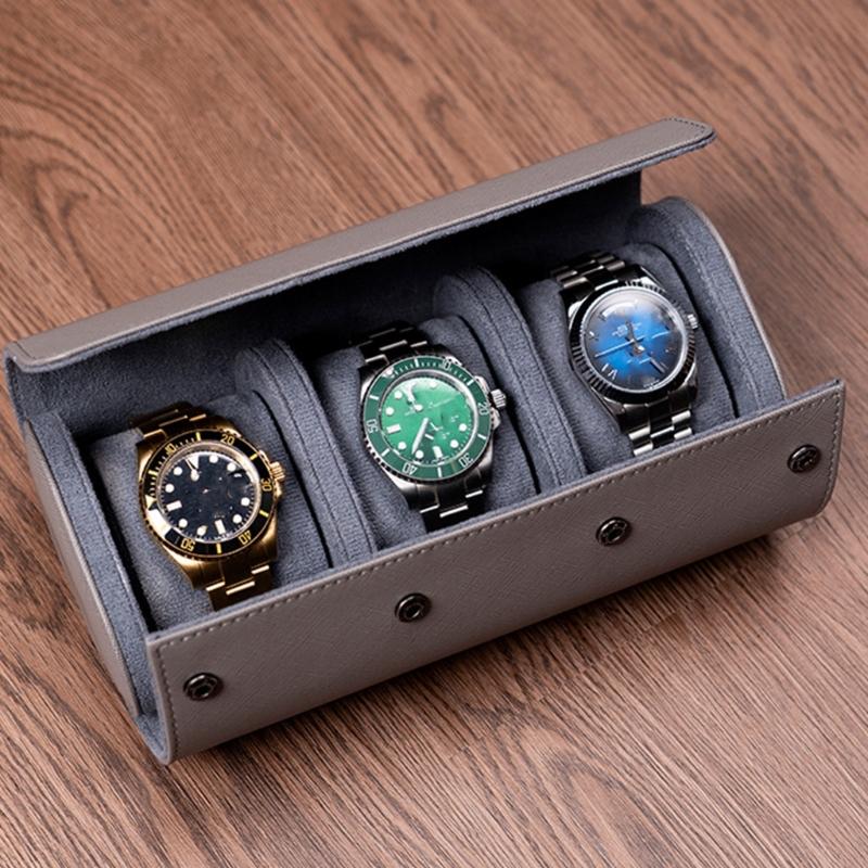 Compact Travel Friendly Watch Box Featuring Protective Flocking Compartments Waterproof Watch Organizers Leather Texture