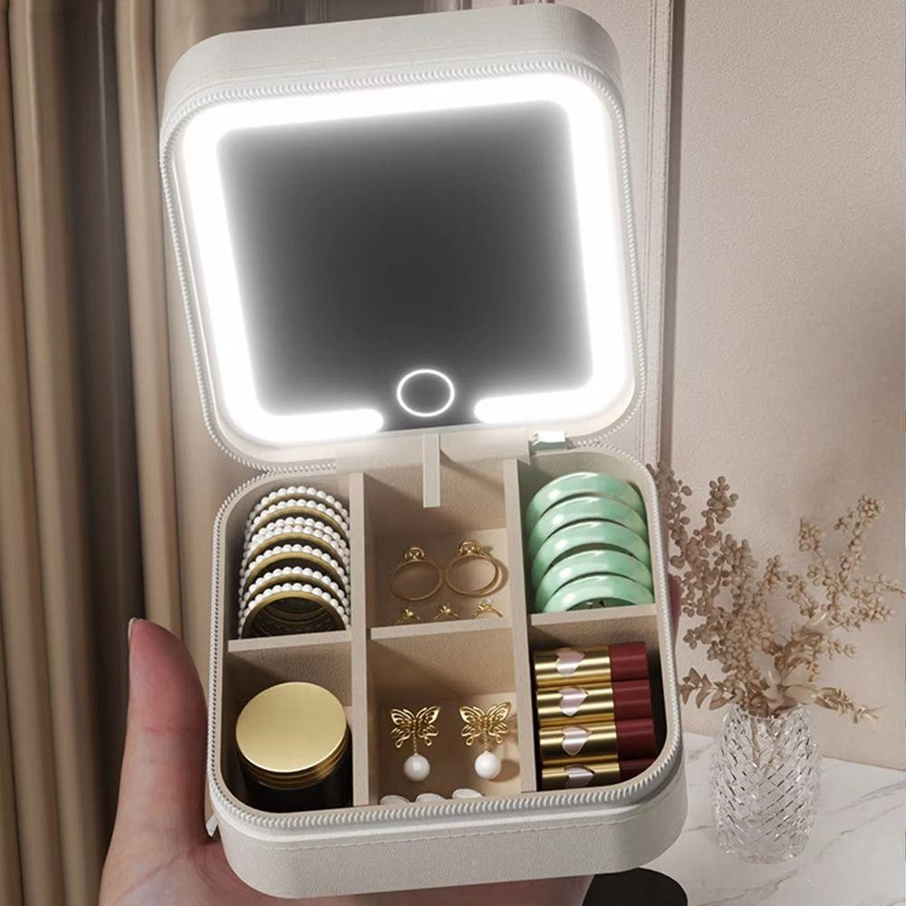 Portable Jewelry Box with Mirror Detachable Divided Necklace Tray Valentine's Day Gift