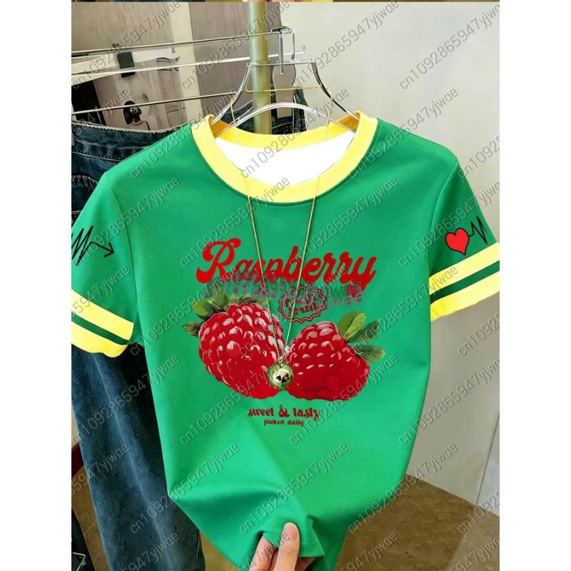 Womens Short Sleeve Color-Block Fresh Raspberry Print Y2k T Shirt Girl Round Neck Tee Outdoor Sports Adult Women's T-Shirt