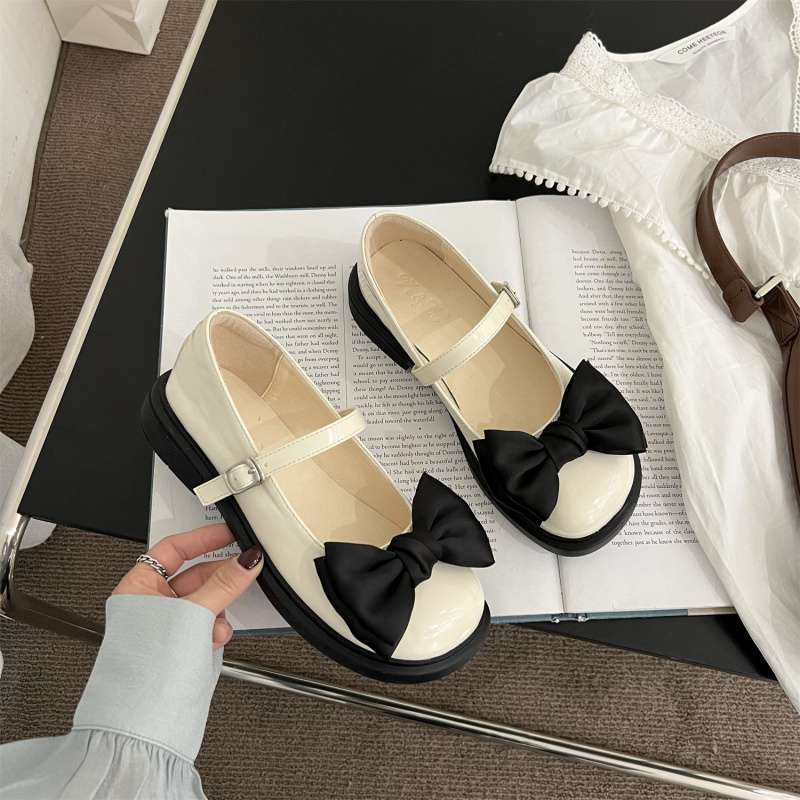 2025 spring and summer new round head retro bow small leather shoes women's work shoes Mary Jane college style women's single shoes