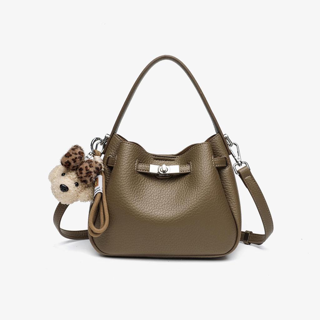 Korean Style Genuine Leather Bucket Bag with Cute Dog Pendant - Versatile Crossbody and Shoulder Bag for Women