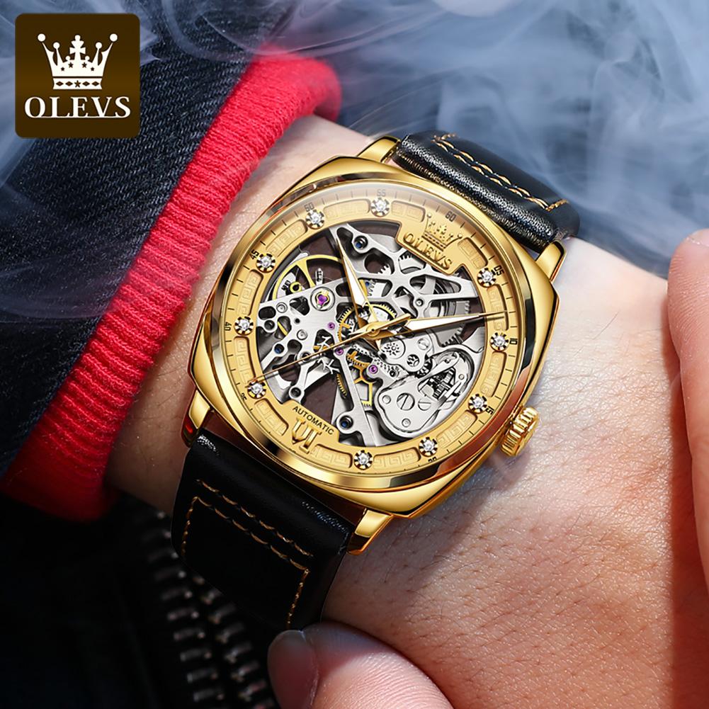 OLEVS 6651 Men's Watches Hollow Square Dial Leather Strap Business Men Wristwatch Original Luxury Brand Men's Wristwatches