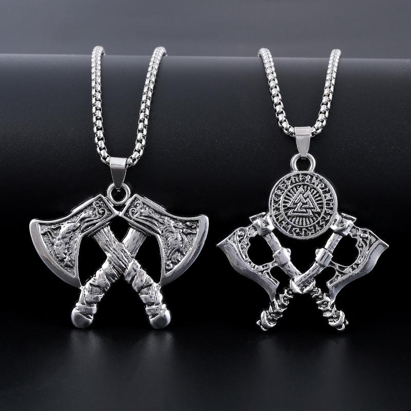Men's and Women's Street Trendy Necklace Retro Double sided Double Axe Pendant