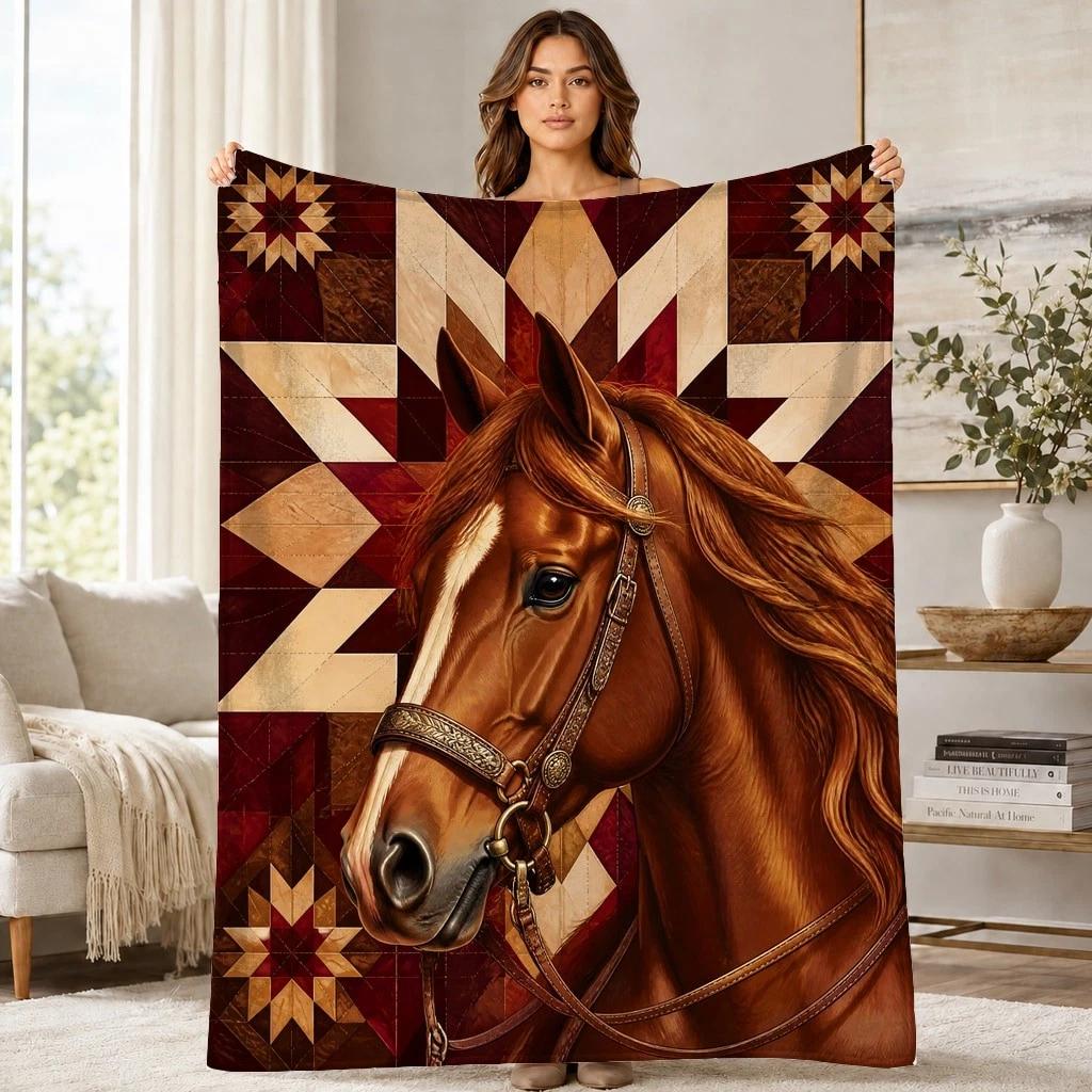 Western Horse Star Coral Fleece Blanket Cowboy Ranch Decor